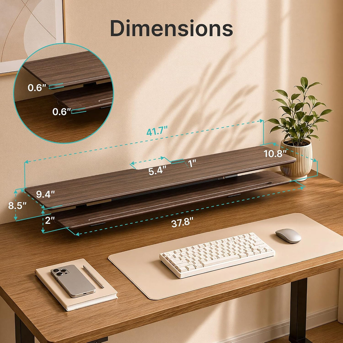 Dual Clamp-On Wooden Monitor Stand, 41.7" 2-Tier Desk Riser Organizer