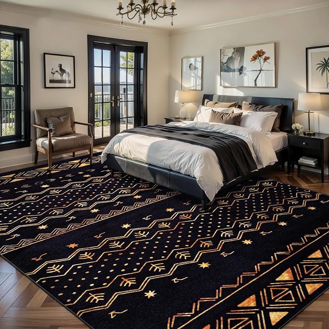 SERISSA 9x12 Area Rugs for Living Room, Washable Non-Slip Black and Gold Boho