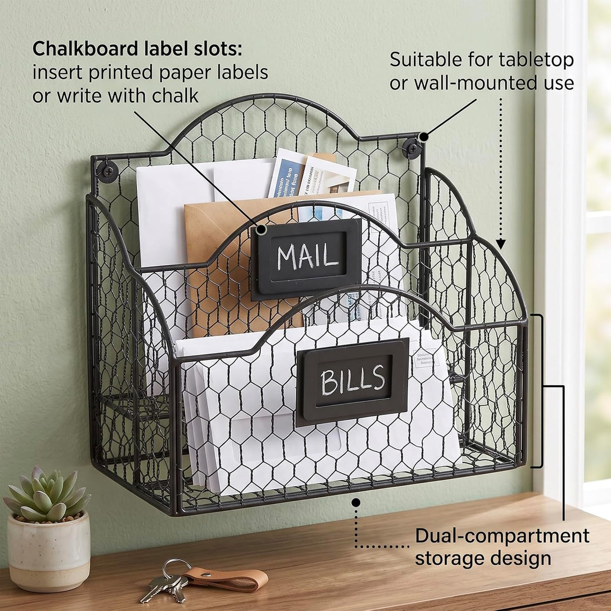 MyGift Black Mail Organizer, 2 Compartment Desk File Holder with Labels