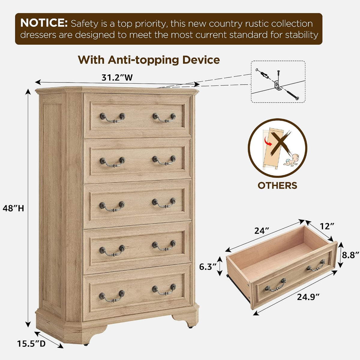 T4TREAM Farmhouse 5 Drawers Dresser for Bedroom, 48" Tall Wood Rustic Chest of Drawers with Natural Texture, Vintage Design, Storage Dressers Organizer for Bedroom, Living Room, Hallway, Natural Oak