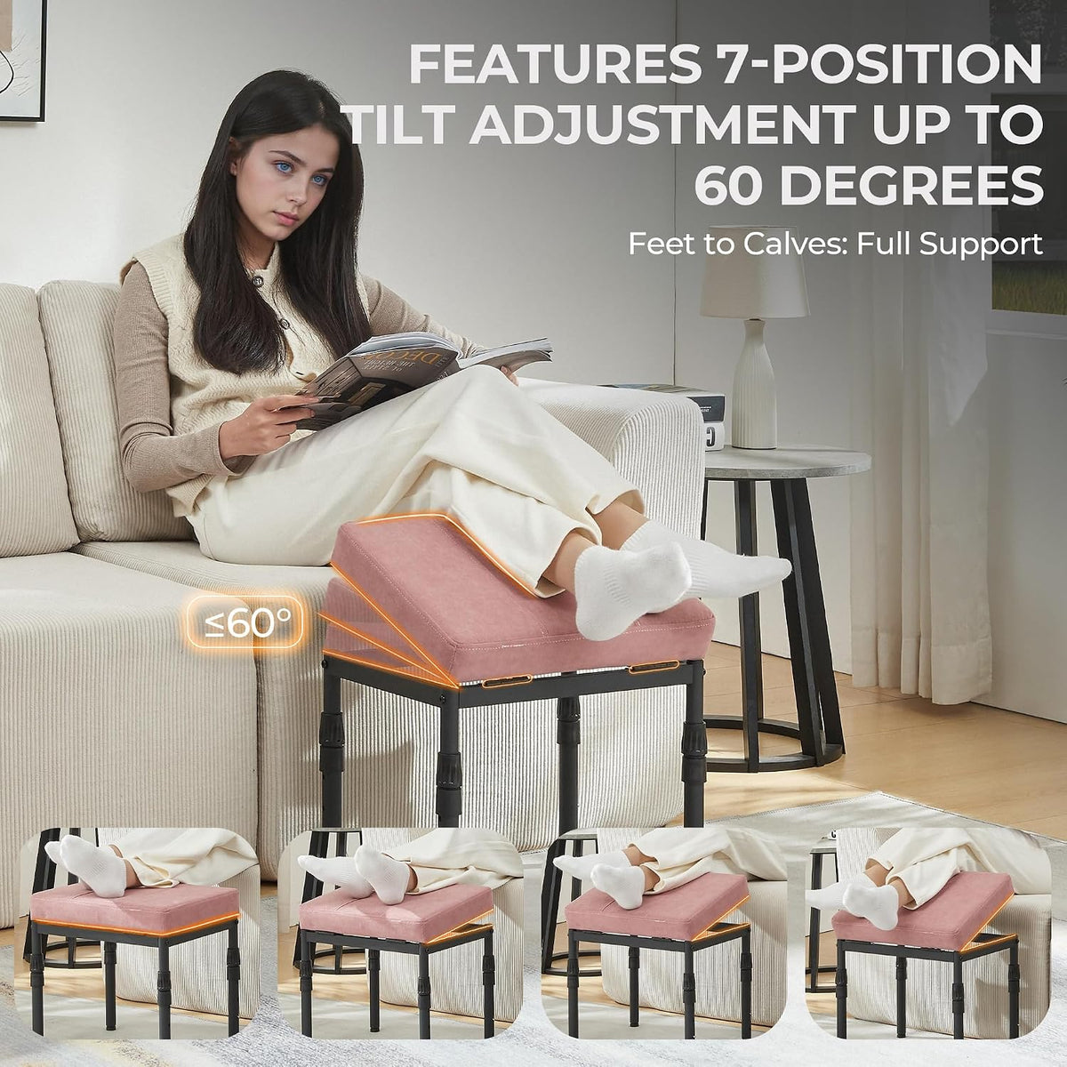 TIOPGHAD Adjustable Ottoman Pouf, 60 Degree Tilt Footrest, Pink Faux Suede