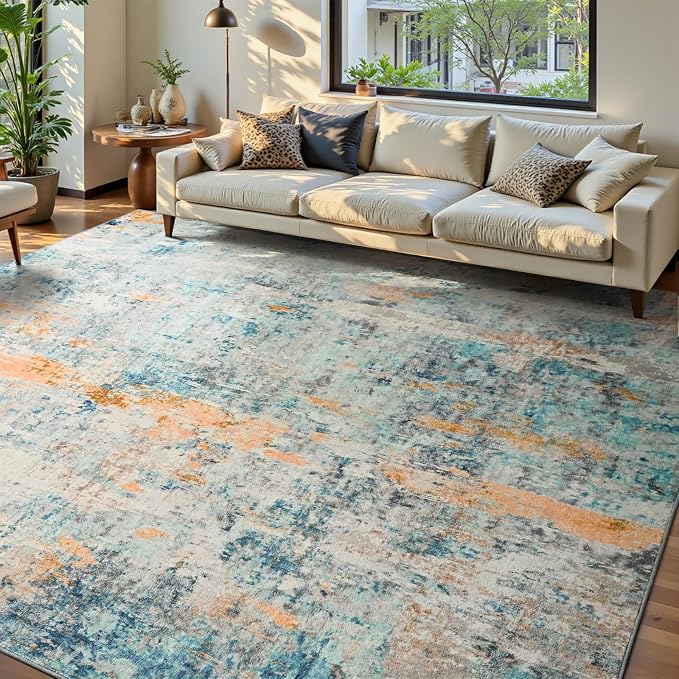 Ompaa Living Room Rug 6x9 Blue Area Rug Machine Washable Boho Rug Non Slip