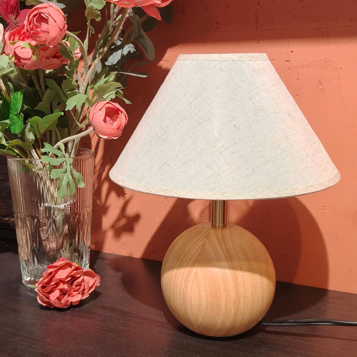 Wood Table Lamp for Bedroom, Flaxen Fabric Shade Small Desk Lamp for Living Room,Décor Ambient Bedside Lamps for Night Stands,LED Bulb (not Included)