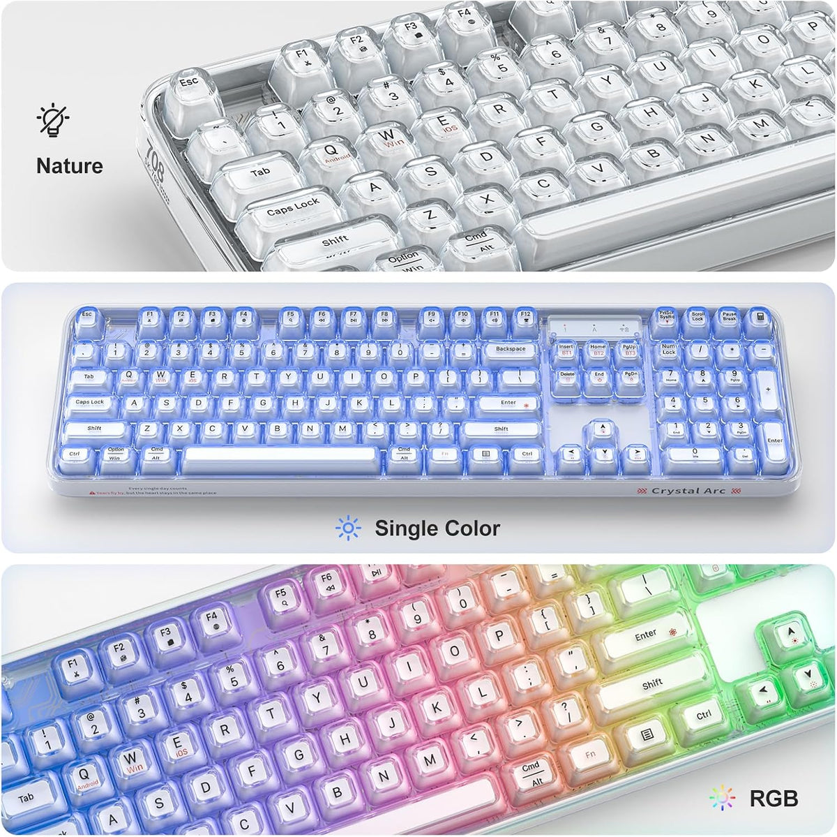 GEEZER Computer Backlit Keyboard White Crystal - Full-Size Bluetooth Wireless Rechargeable Transparent Keycap Portable Keyboards Compatible with Windows, Laptop, PC, Desktop