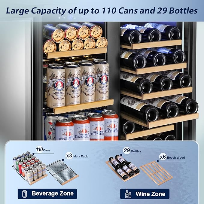 Tylza 30 Inch Wine and Beverage Refrigerator, Dual Zone Wine Beverage Cooler 30" with French Door, Under Counter Wine Beer Fridge Built-In or Freestanding, Holds 29 Bottles and 110 Cans, Black