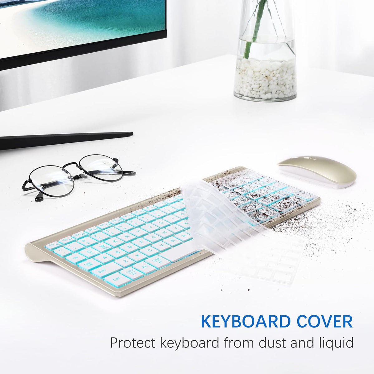 Wireless Backlit Keyboard and Mouse Ultra Slim Combo, TopMate - Gold White