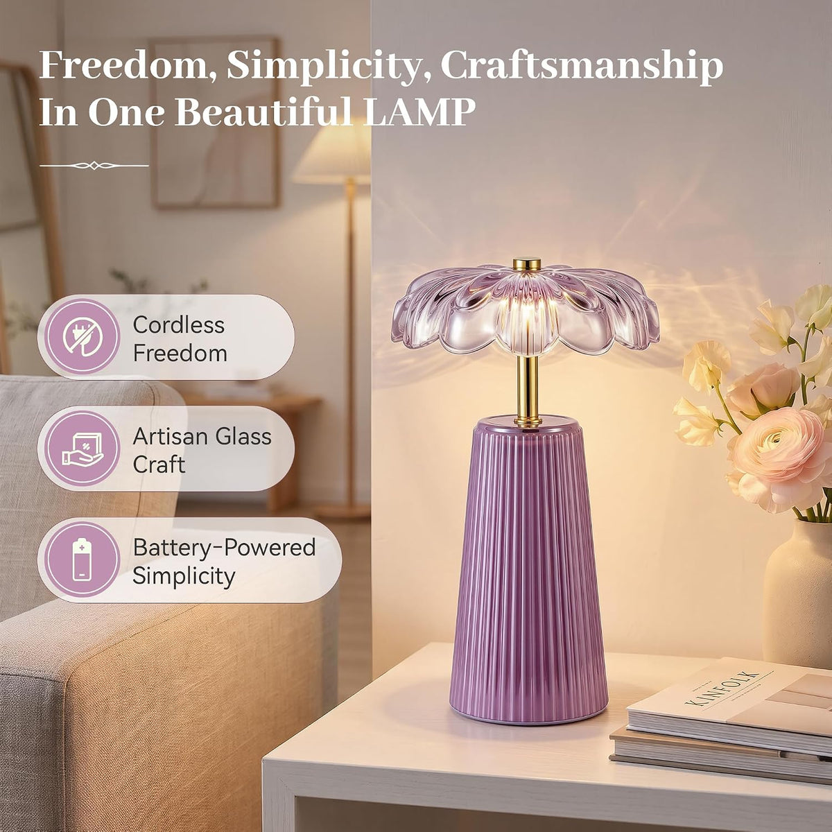 Battery Operated Lamp, Cordless Table Lamp with Timer, Purple