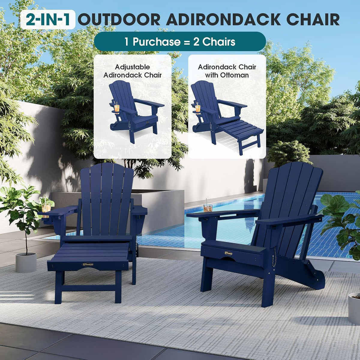 THOEOE Adirondack Chairs with Footrest, Folding HDPE Chairs Set of 2