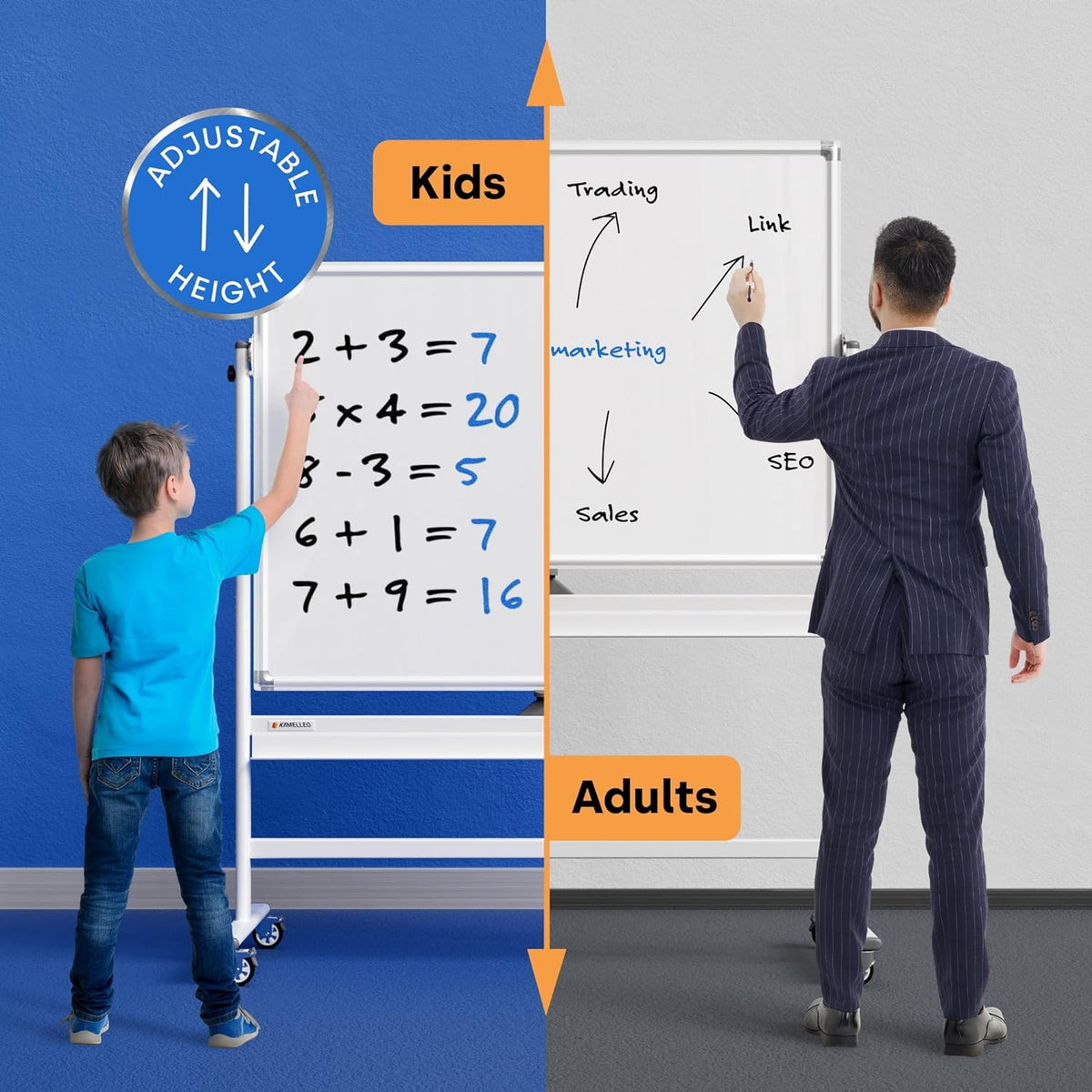 Kamelleo Rolling Whiteboard on Wheels 48" x 36", Double Sided White Board