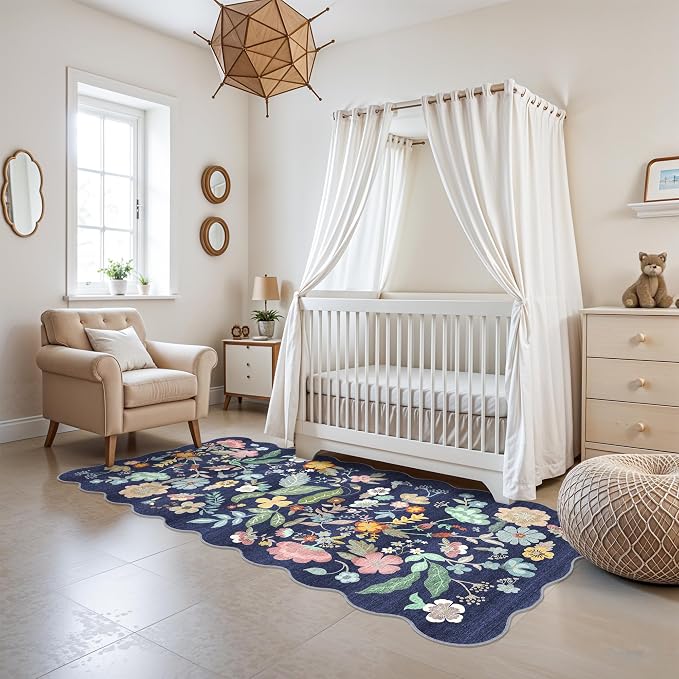 Washable 3x6 Hallway Runner Rug: Low-Pile Floral Scalloped Entryway Runners