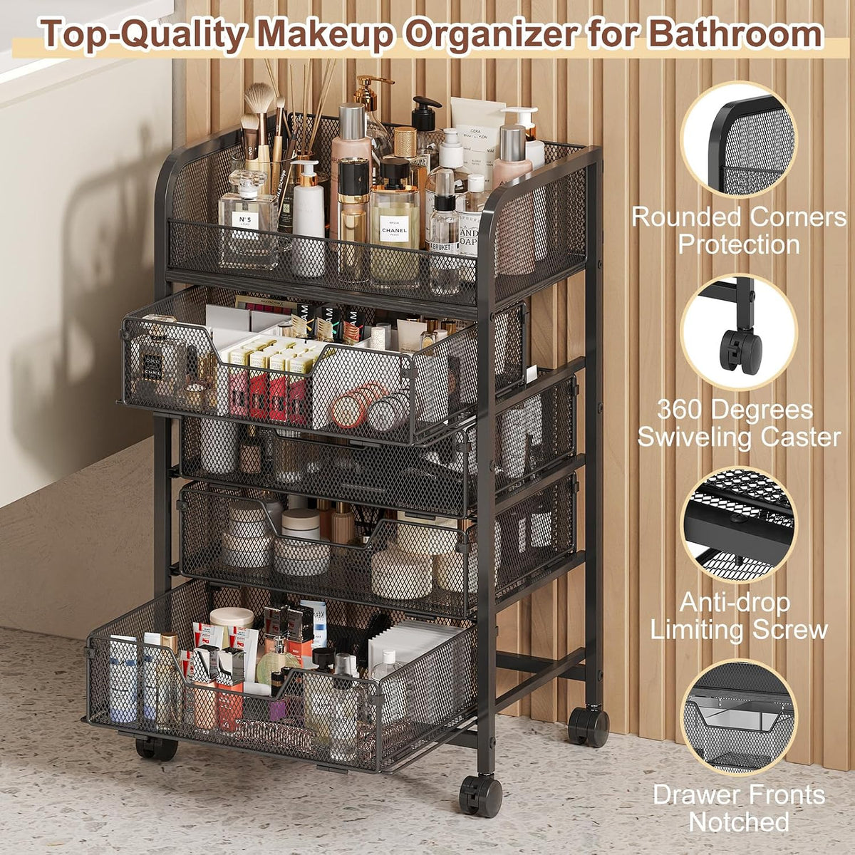 Hongtamoya Makeup Cart Organizer with 4 Drawers, Vanity Storage Organizer, Large Floor Skincare Organizers Cosmetics Display Cases for Skin Care Perfume Nail Polish, Black