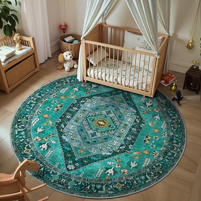 SERISSA Boho Round Area Rug, 4ft Washable Non-Slip Circle Rug, Ultra Soft