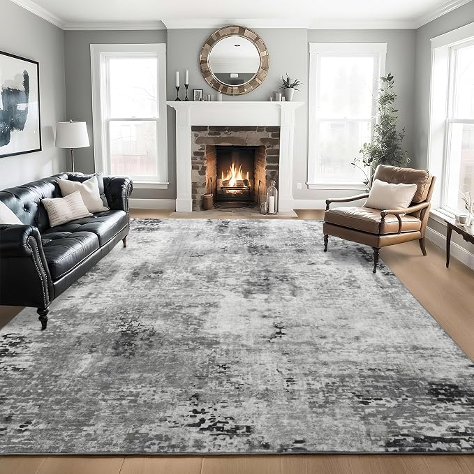 Living Room Rug 7x10 Gray Area Rugs Machine Washable Abstract Boho Large Rug