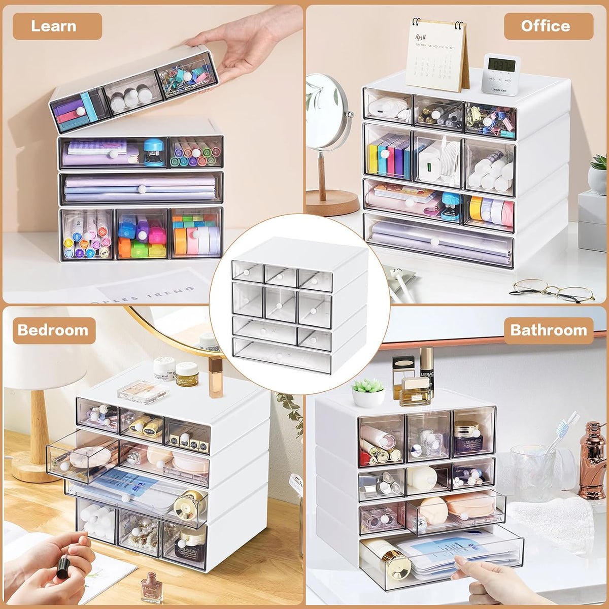 Desk Storage Organizer with 9 Drawers, 4 Tiers Stackable Desktop Craft Storage Drawers, Clear Storage Box Caddy for Stationary Makeup Jewelry Office Craft Supplies (White)