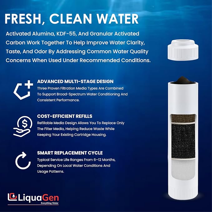 LiquaGen Activated Alumina + Carbon + KDF-55 Replacement Water Filter Cartridge