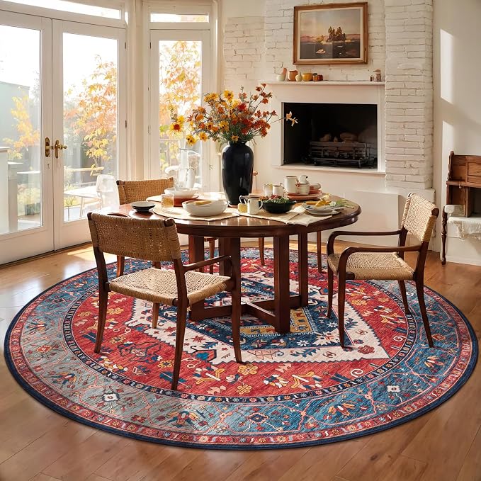 SERISSA Boho Round Area Rug, 8ft Washable Non-Slip Circle Rug, Ultra Soft Large