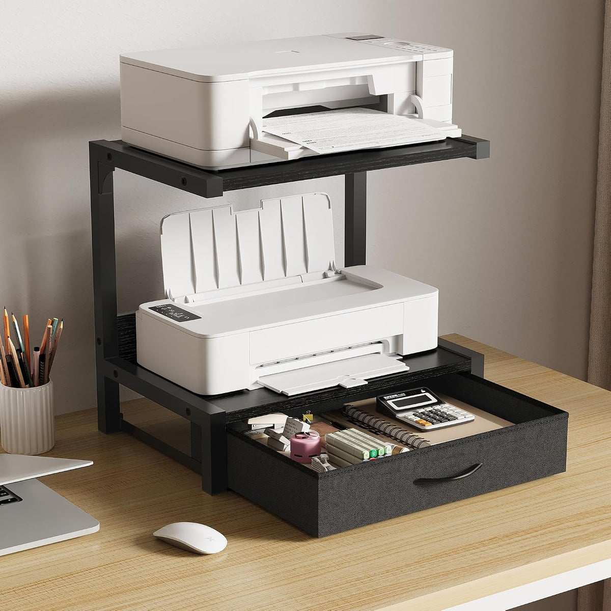 Desktop Printer Stand with Fabric Drawer, Printer Stand for Desk, 2-Tier Desk Shelf Organzier for Home Office, Above and Under Desk, Fax Machine, Scanner, Black