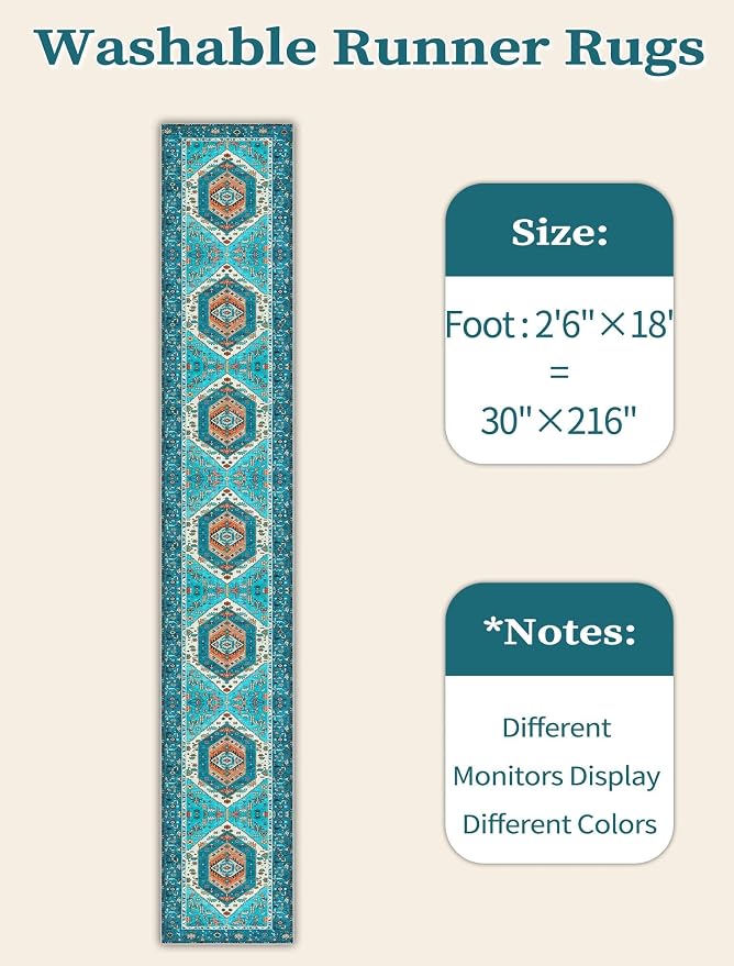 SERISSA Runner Rug for Hallways, Extra Long Boho Rug Ultra Soft Vintage Blue