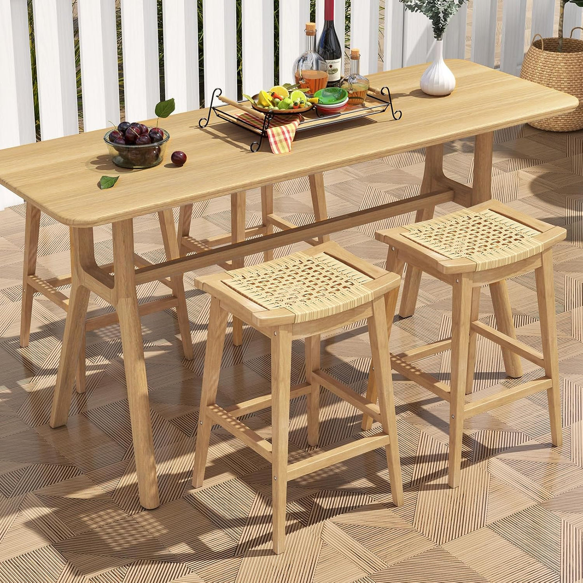 Tangkula Wood Bar Stool Set of 4, 29” Patio Rattan Acacia Barstool with Footrest & Saddle Seat, Boho Bar Height Stool for Indoors Outdoors, Bar Chair for Deck, Garden & Poolside, Natural (4)