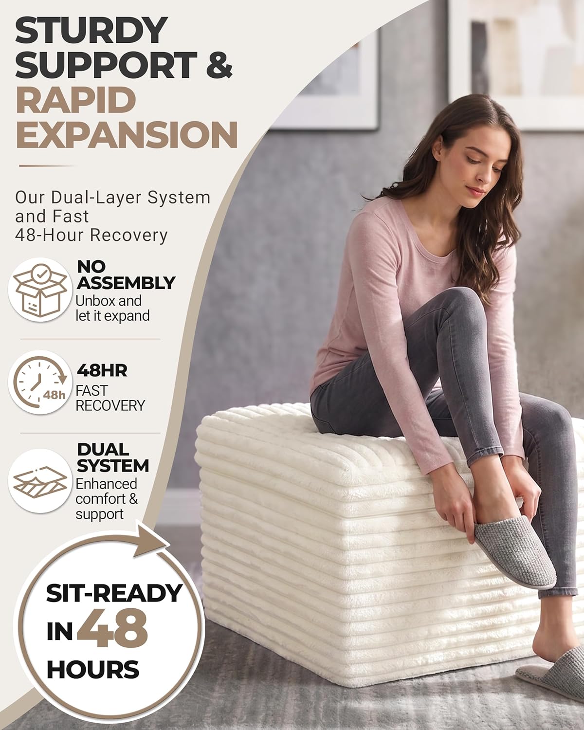 23.6in Pouf Ottoman, Corduroy Footstool Foot Rest Seating, Beige