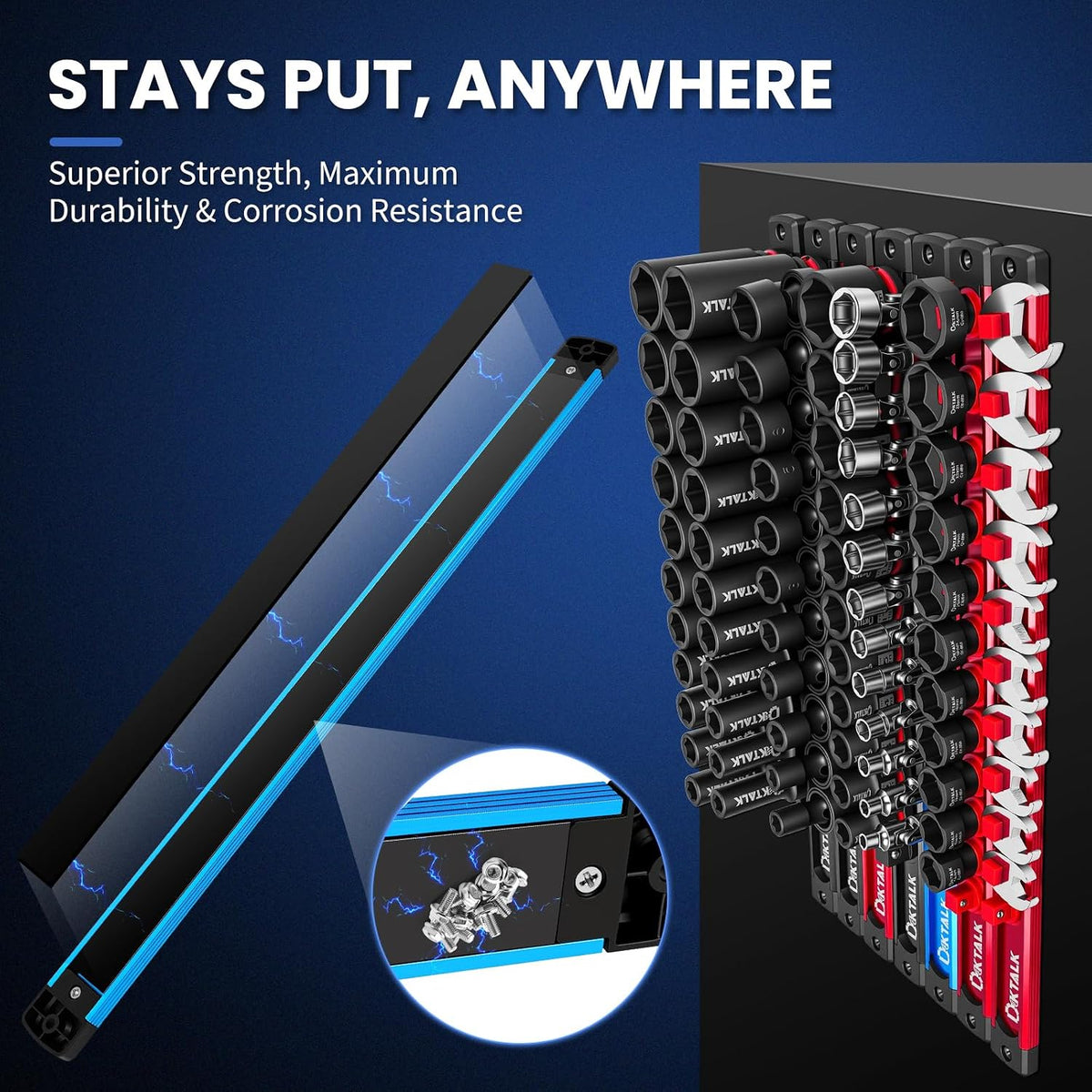 8PC Magnetic Socket Organizer Set, for 1/2″ 3/8″ 1/4″ Drive with 3 Black 3 Red 2 Blue Trays, 360° Swivel Removable Clips, Heavy Duty Aluminum Alloy Rail for Tool Box Drawer