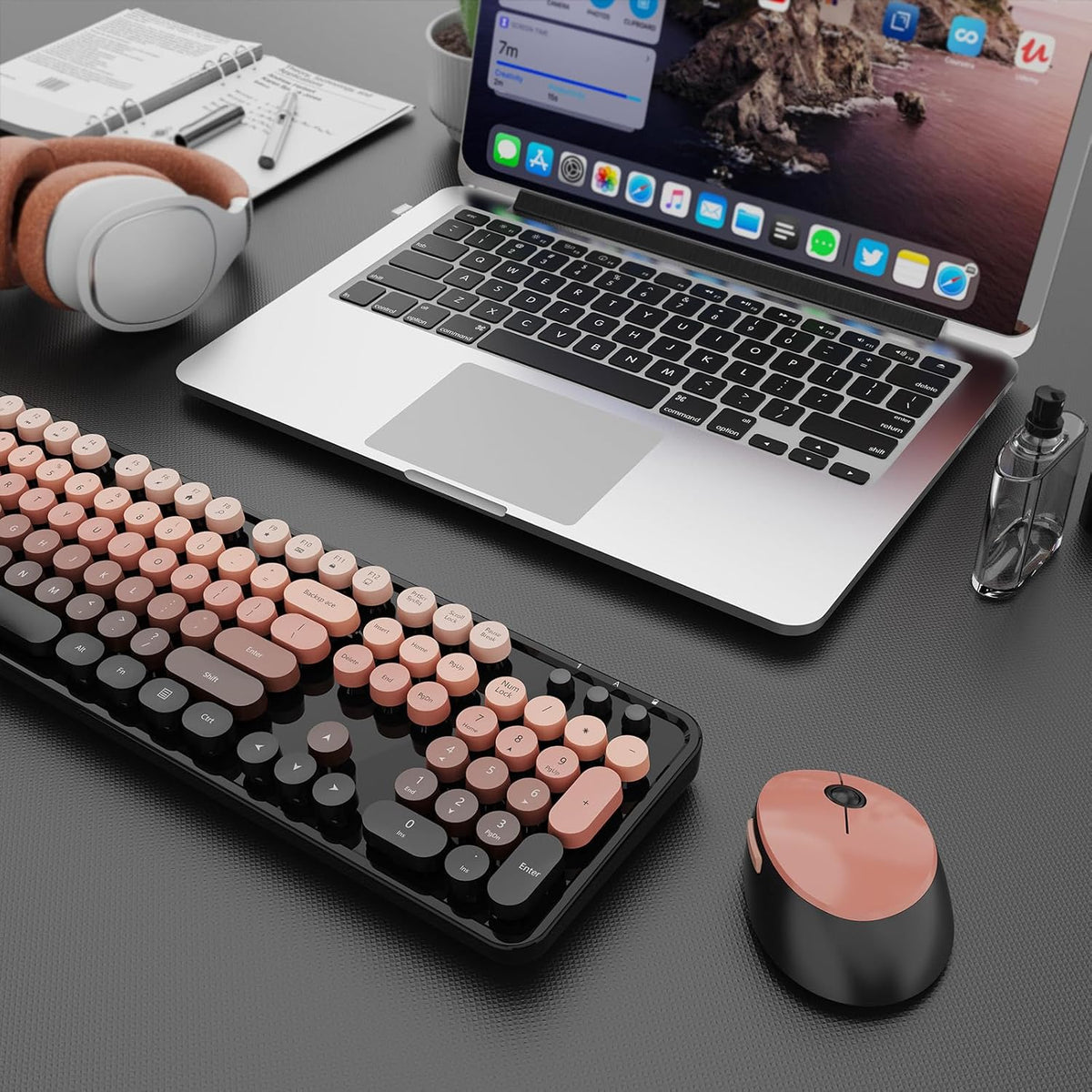 SkyGive Wireless Keyboard and Mouse Combo, Ergonomic Full Size Typewriter Retro Round Keycaps Keyboard, Compatible with Windows, PC, Perfect for Home and Office Keyboards (Aurora Red)