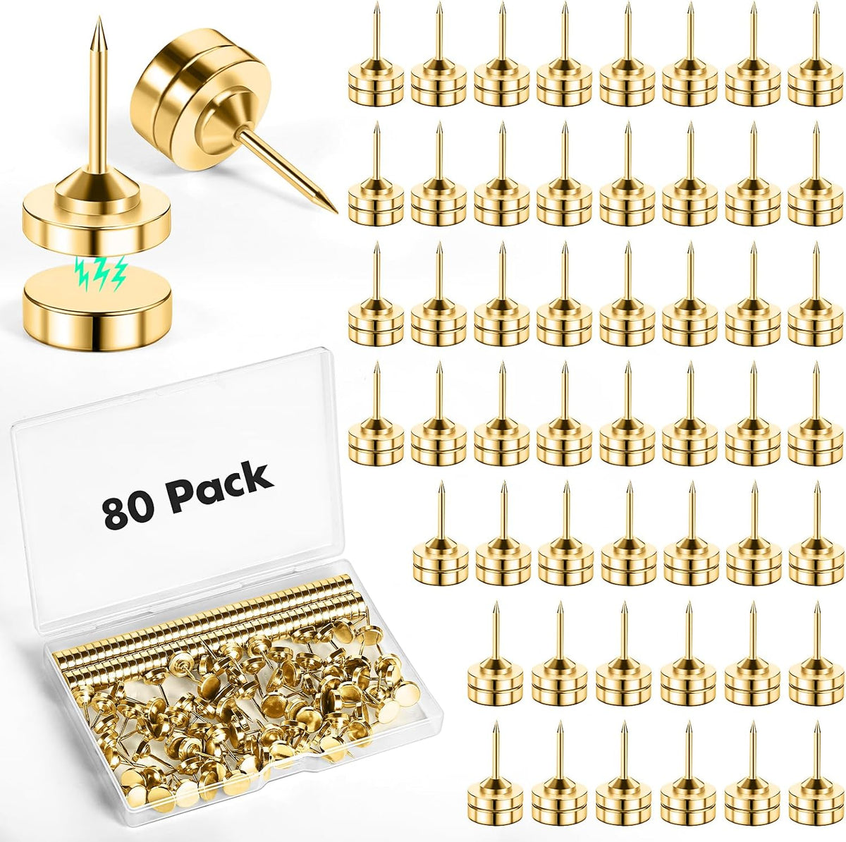 80 Sets of Magnetic Push Pins, Gold Magnetic Tacks, Pushpins for Wall, Bulletin Board, Corkboard,Decorative Poster and Photo Hangers