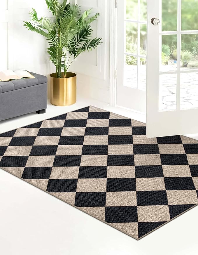 Lahome Checkered Easy Jute 3x5 Entryway Front Porch Rug, Washable Farmhouse
