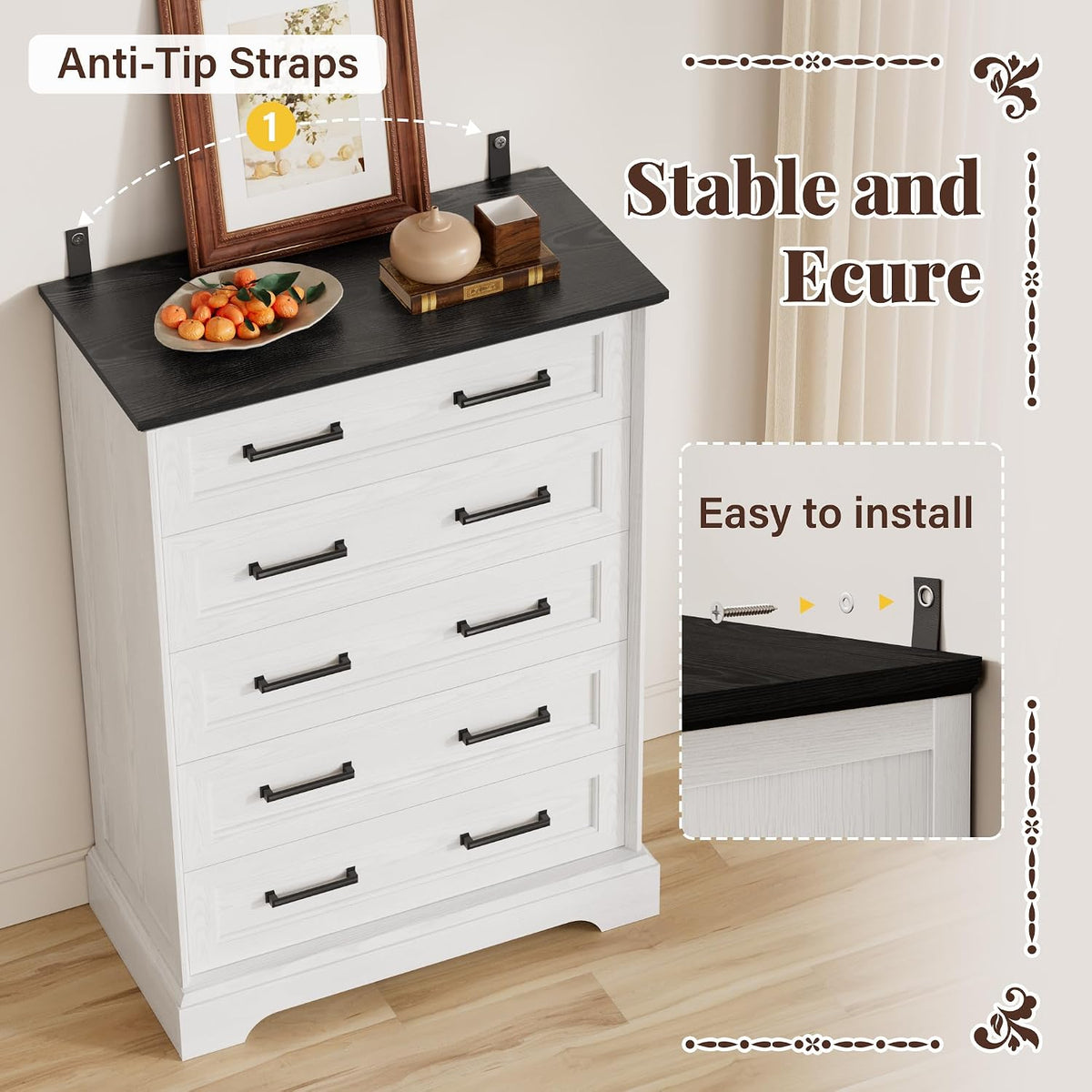 Furmax Farmhouse Dresser for Bedroom, 5 Drawers Dresser, White & Black