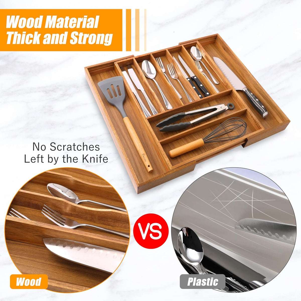 Bellsal Acacia Silverware Organizer Kitchen Drawer Organizer Expandable Bamboo Utensil Holder Cutlery Tray for Kitchen Utensil and Flatware Bedroom Office