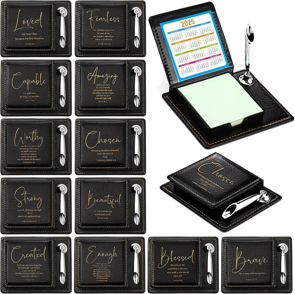 Spakon 12 Set Christian Note Holders with Scripture Leather Pen, Black
