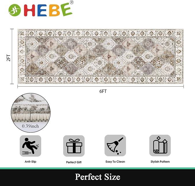 HEBE Hallway Runner Rug 2'x6' Washable Vintage Distressed Area Rugs Non Slip