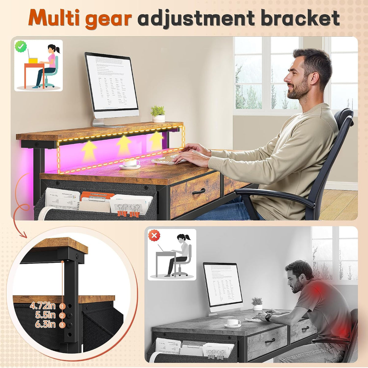 DurayLoly Gaming Desk with 2 Drawers &LED Lights,Space Saving,Rustic Brown