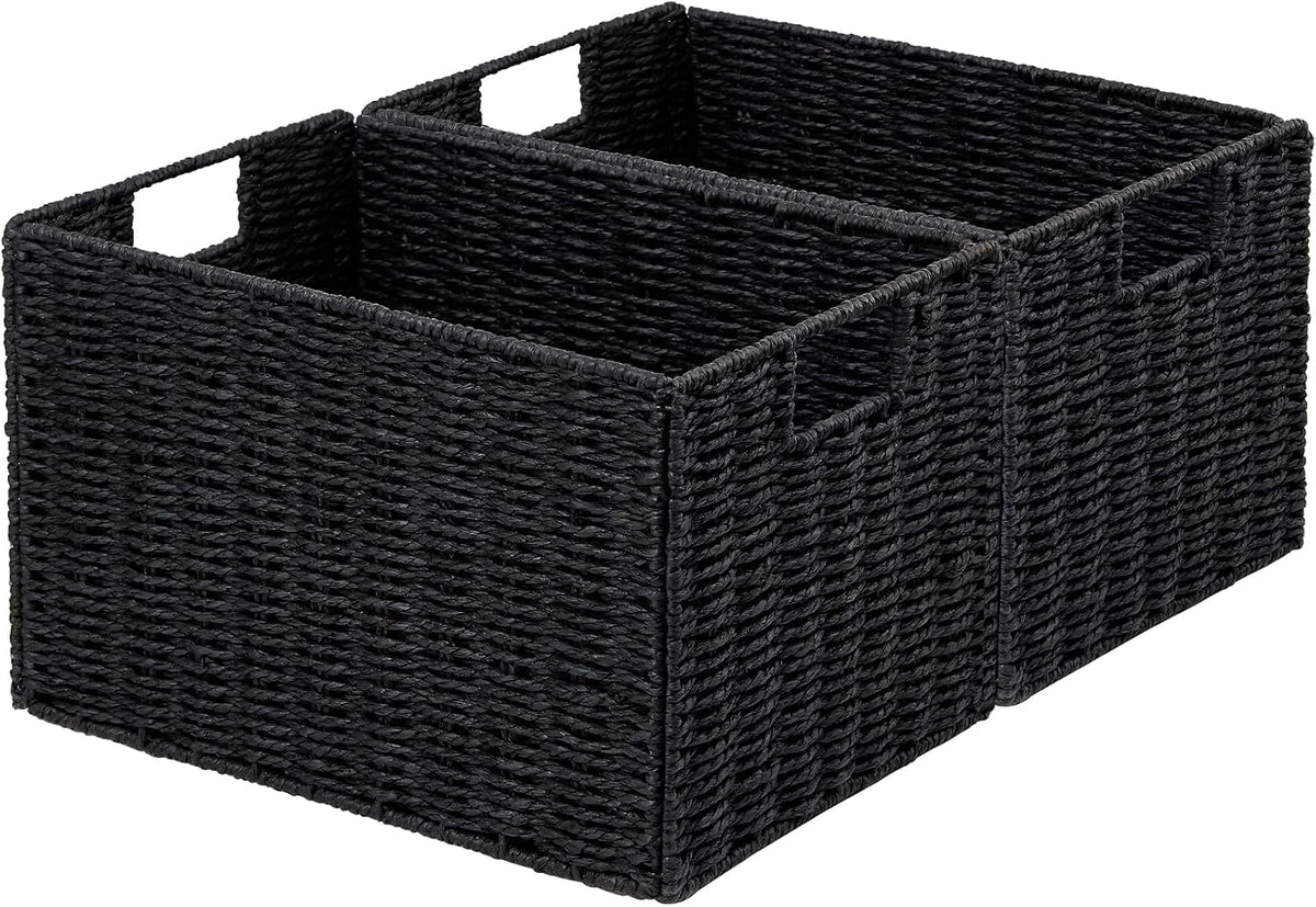 Vagusicc Wicker Storage Basket, Set of 2 Hand-Woven Paper Rope Wicker Basket, Small Storage Baskets for Organizing Toilet Paper Baskets, Foldable Large Cube Storage Organizer Bin for Shelves (Black)
