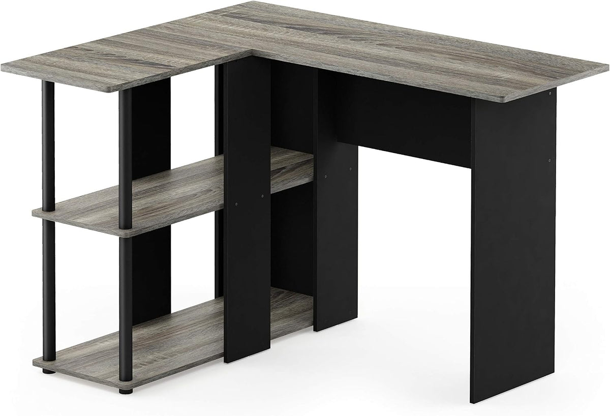 Furinno Abbott L-Shape Computer Desk with Bookshelf, French Oak Grey/Black