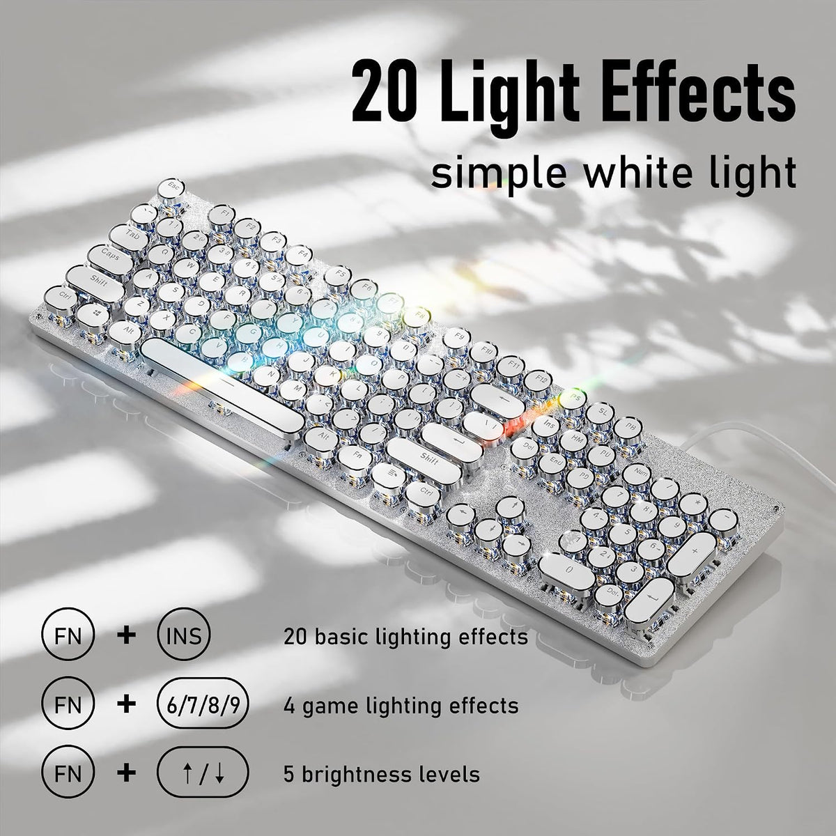 Wired Typewriter Style Mechanical Gaming Keyboard with White Backlit-White