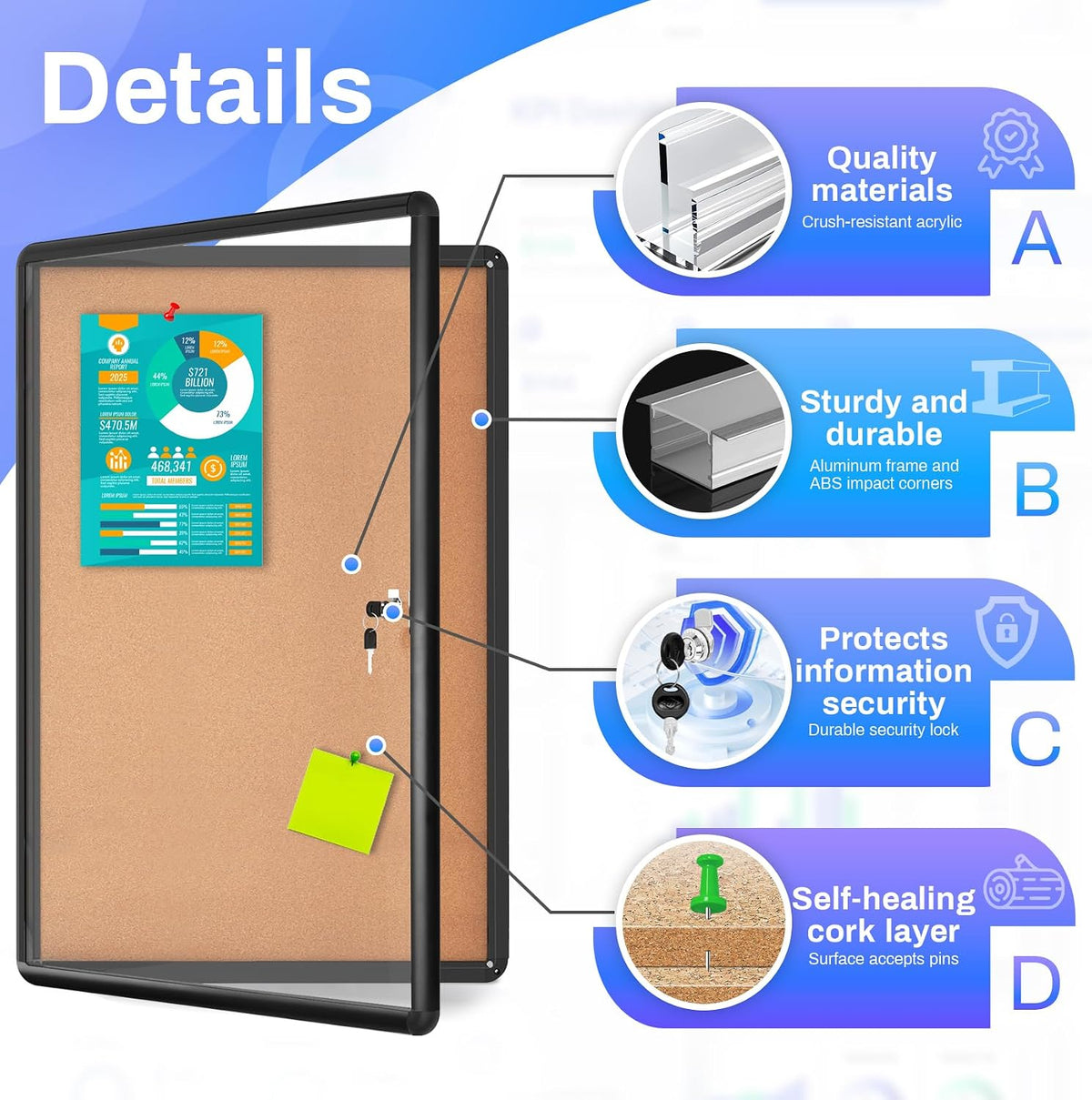 Magula Enclosed Cork Bulletin Board Tamper-Proof Dispaly Case, Black Aluminium Frame, Shatter Resistant Lockable Bulletin Board, Enclosed Cork Board for School, Office,Commercial,Hospital etc(24"x18")