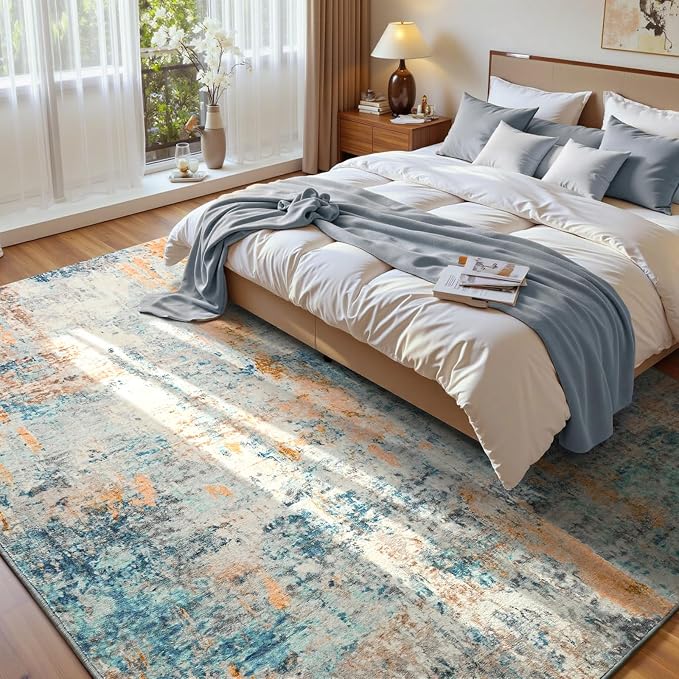 Ompaa Living Room Rug 6x9 Blue Area Rug Machine Washable Boho Rug Non Slip