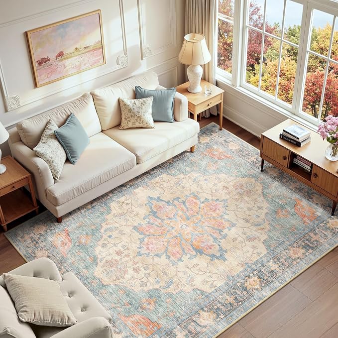 RELEANY Area Rugs 6'x9' Washable Non-Slip, Floral Vintage Distress Medallion