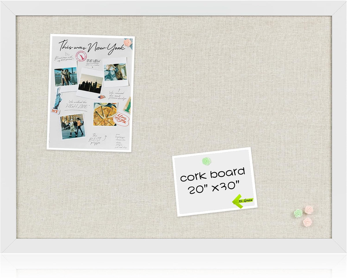 White Cork Board Bulletin Board with Linen, Wood Framed 30" x 20" Corkboard, Office Board for Wall Decor, Wall Mounted Pin Board Picture Board with 20 Pushpins for School, Home & Office