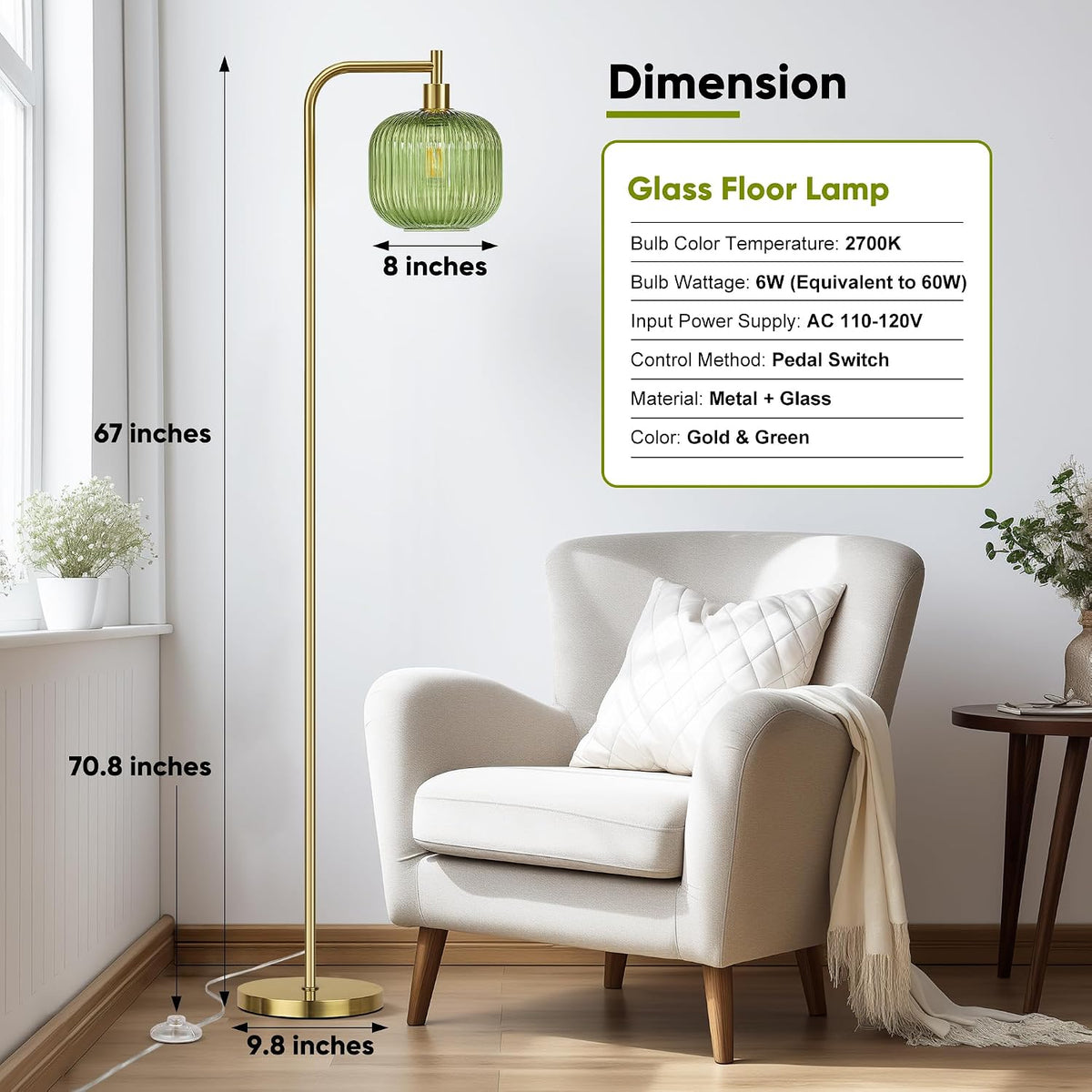 Modern Green Glass Floor Lamp for Living Room, Standing Lamp for Bedroom