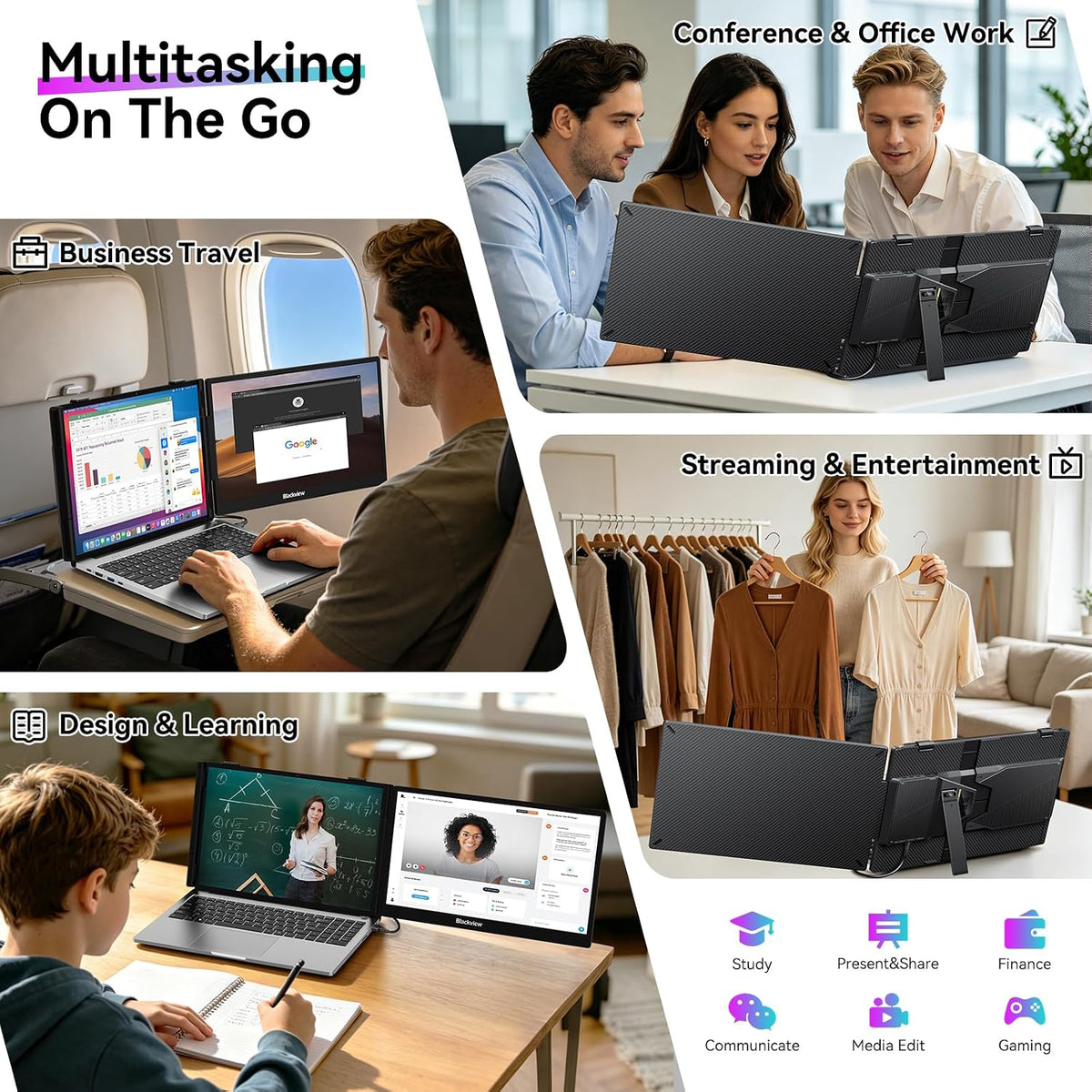 Blackview Laptop Screen Extender, 14" 1080P FHD IPS Portable Monitor, Ultra-Slim Travel Dual Monitor Fit for 13"-17.3" Laptops, USB-C Plug &Play Extended Screen for Windows/Mac/Android/Switch