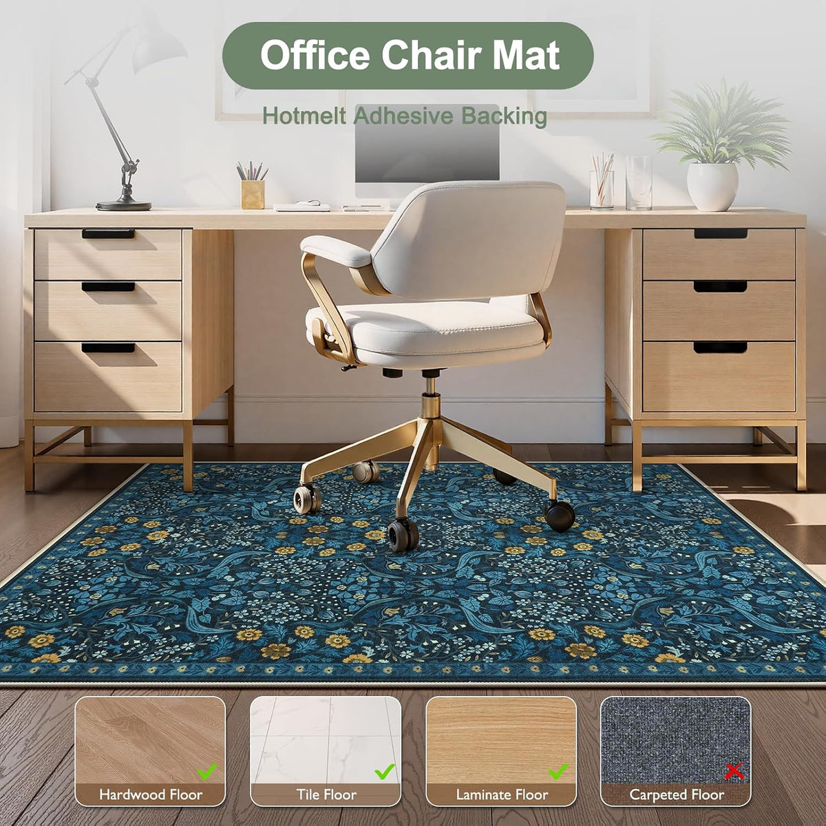 Anidaroel Floral Office Chair Mat for Hardwood Floor, 36"x48" Under Desk Chair Rug for Rolling Chair, Anti-Slip Computer Chair Mat, Low Pile Carpets Protector Mat for Home Office Gaming Room
