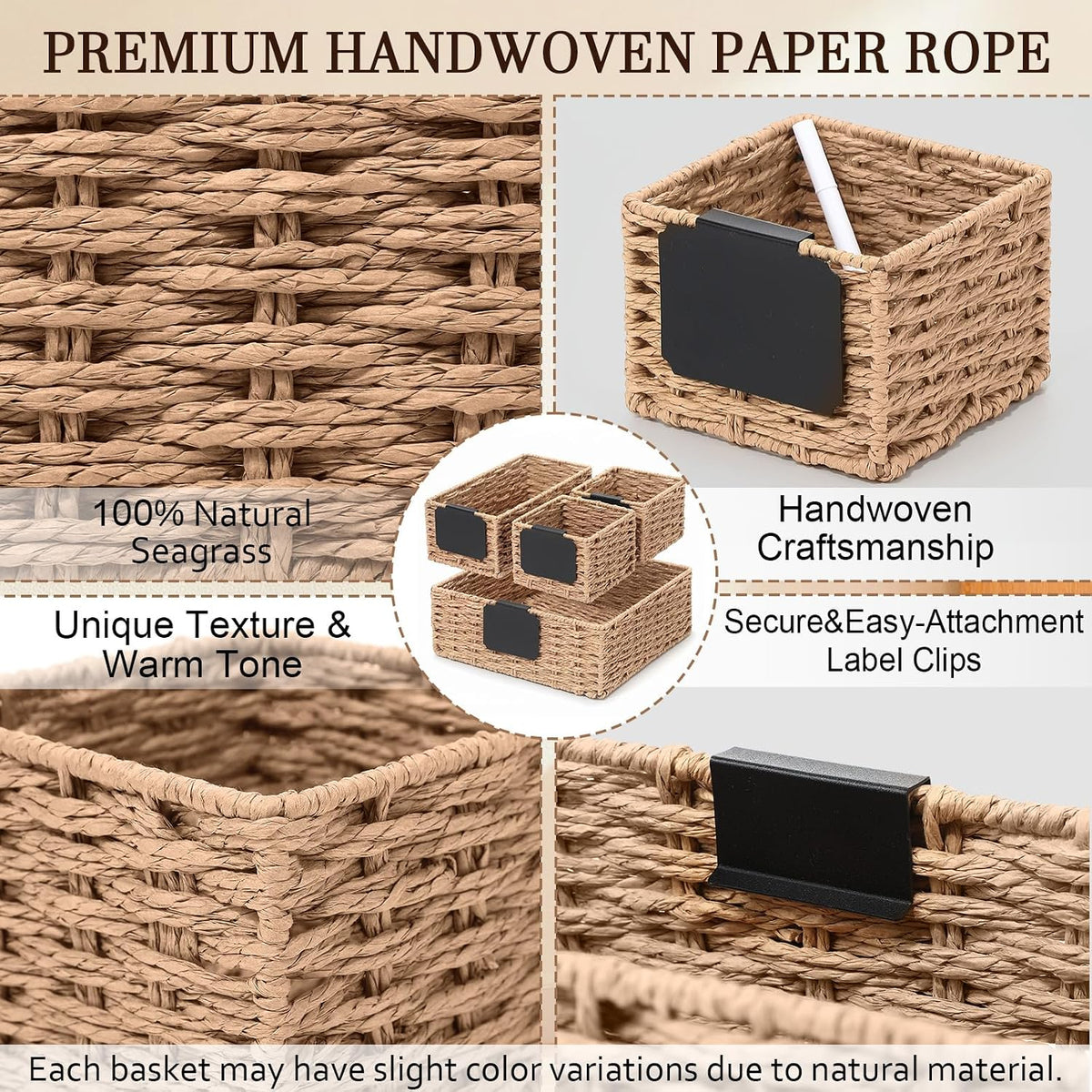 SiliFine Paper Rope Bathroom Woven Storage Basket Set of 4, Natural Color