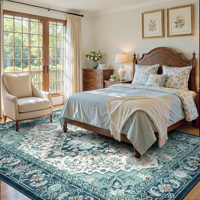 Lofus 9x12 Washable Rugs Non-Slip, Vintage Floral Area Rug