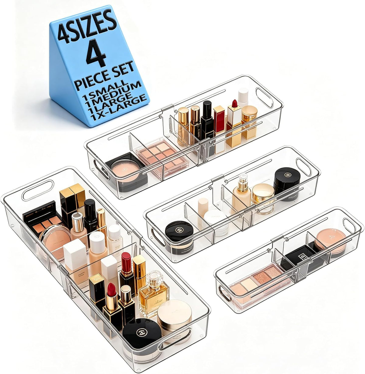 BLULEE 4-in-1 Expandable Drawer Organizer Set, Adjustable Clear Bins (4 Pack)