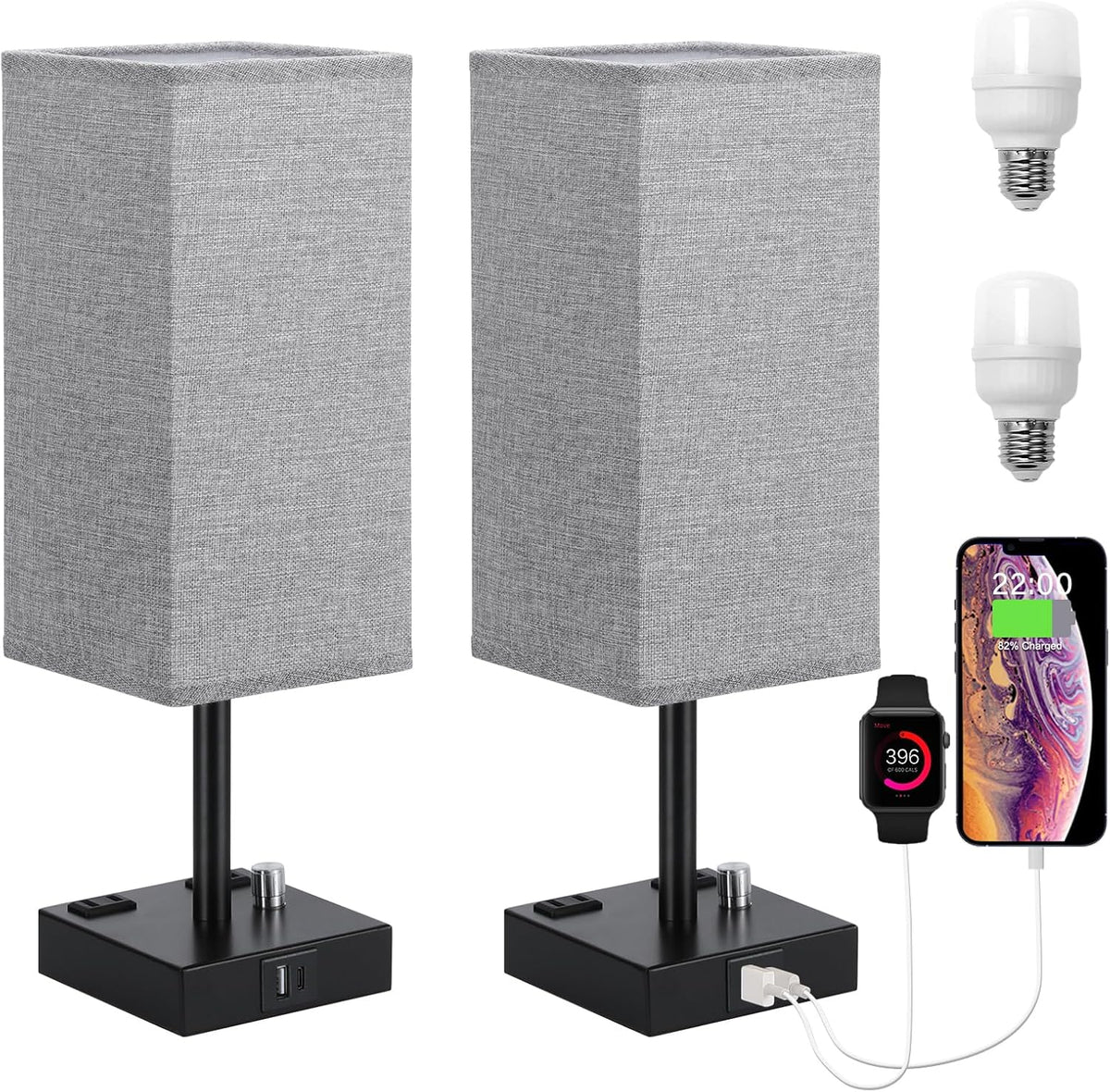 Grey Bedside Table Lamps Set of 2 - Dimmable, USB C+A, 2 AC Outlets