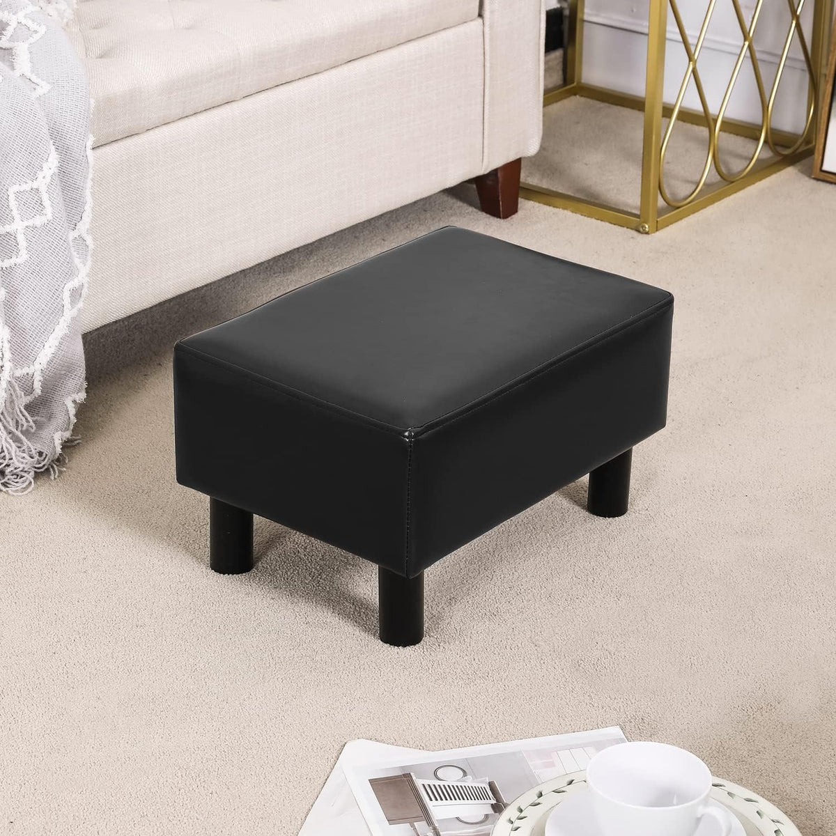 Joveco Small Footstool Ottoman Faux Leather Footrest Modern Rectangular Foot Stool Pets Steps for Couch Desk Office Dogs Living Room Bedroom (Black)