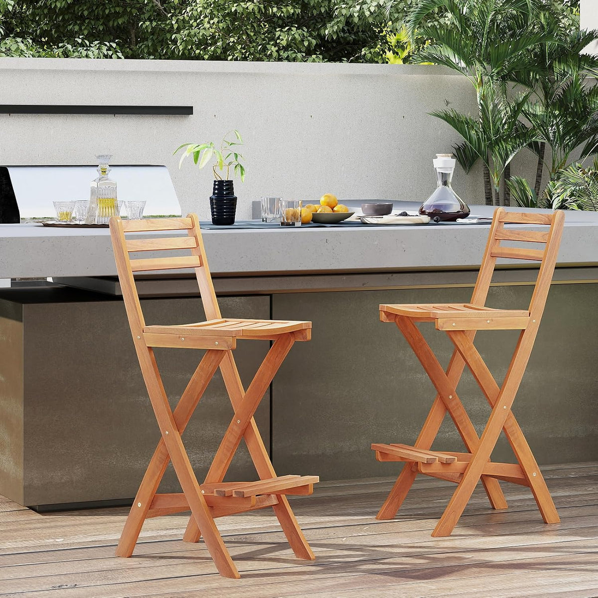 Tangkula Patio Folding Barstool, Outdoor Portable High Top Acacia Wood Bar Height Chair with Backrest & Footrest,for Backyard, Garden, Front Porch (1)