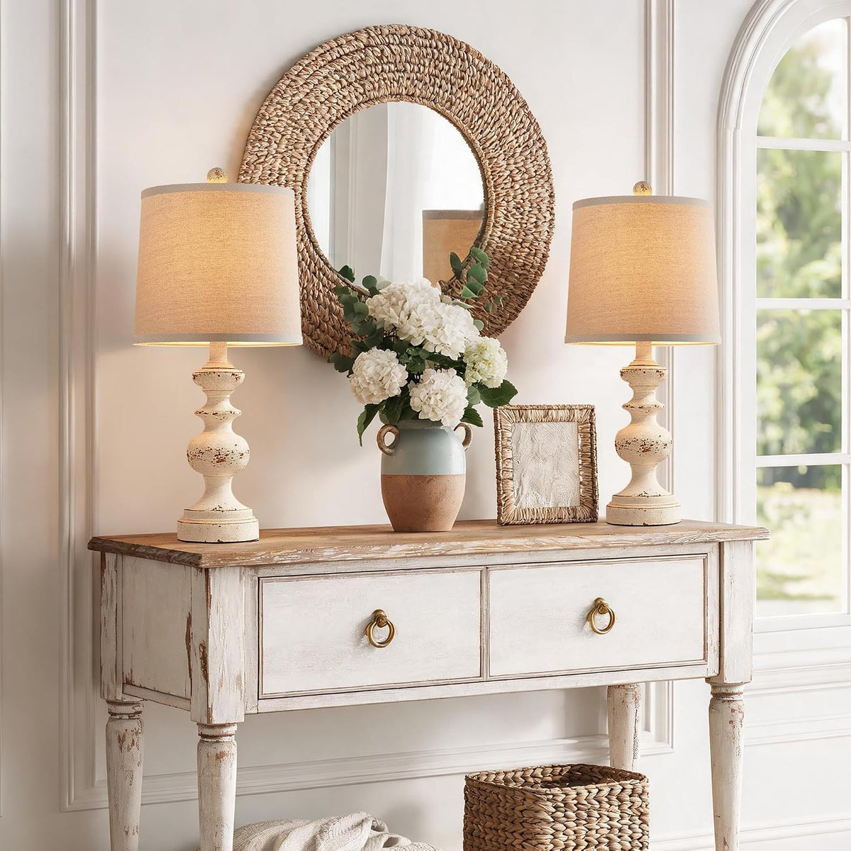 PARTPHONER Farmhouse Table Lamp Set of 2, Rustic Table Lamps for Living Room Bedroom, 22" Mid Century Modern Desk Lamp Bedside Nightstand Lamps with Linen Tapered Drum Shades, Washed White